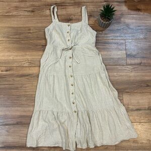 Lucky Brand Tan Midi Dress Tie Front and Pockets Size Medium Petite